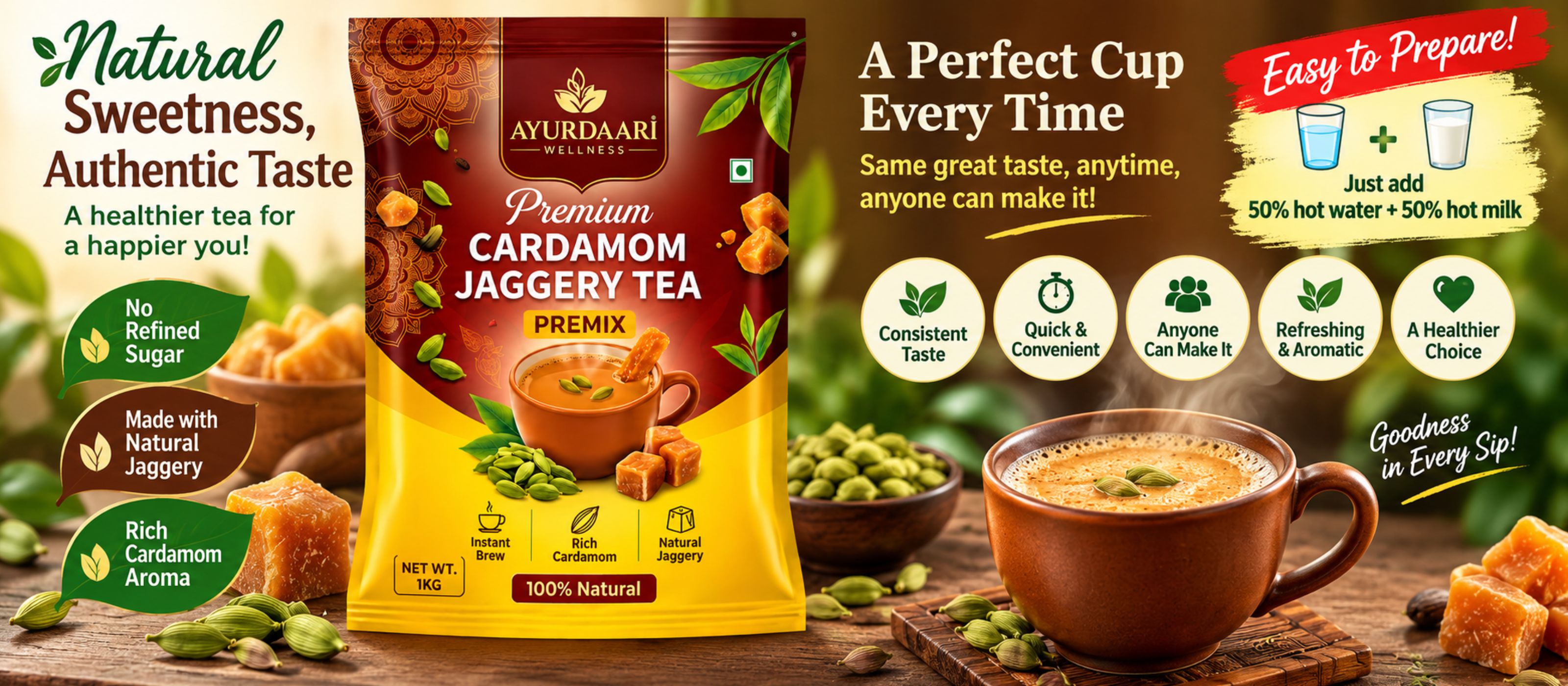 Ayurdaari Premium Cardamom Jaggery Tea — Natural Sweetness & Authentic Taste